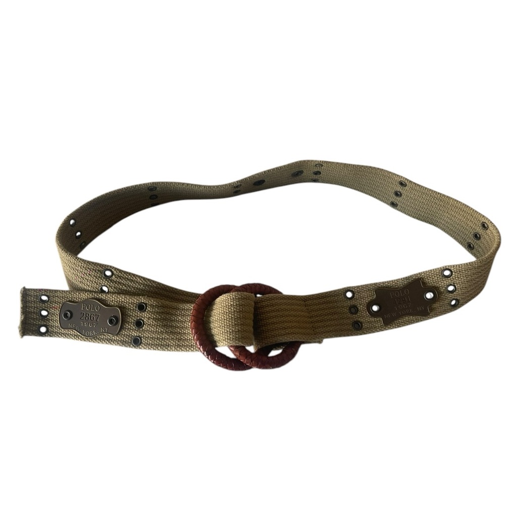 Polo Ralph Lauren Vintage Braided Leather Buckles Brass RL Plaque Khaki Belt 40